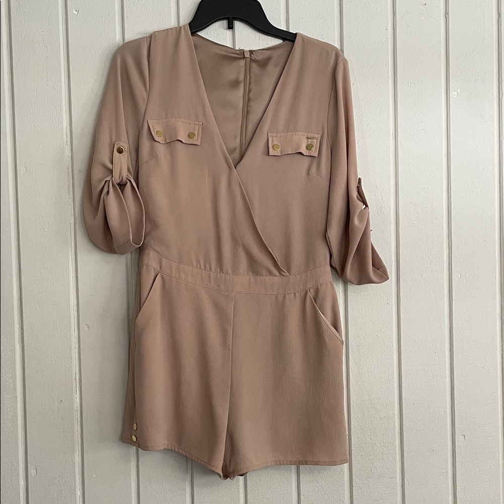 Bebe Y2K Taupe Romper with Button Accents
